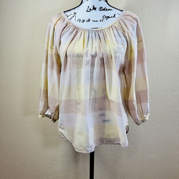 Everlane Blouse Womens Beige Tan Plaid Peasant Relax Balloon Sleeve Top size 00 - Picture 8 of 16